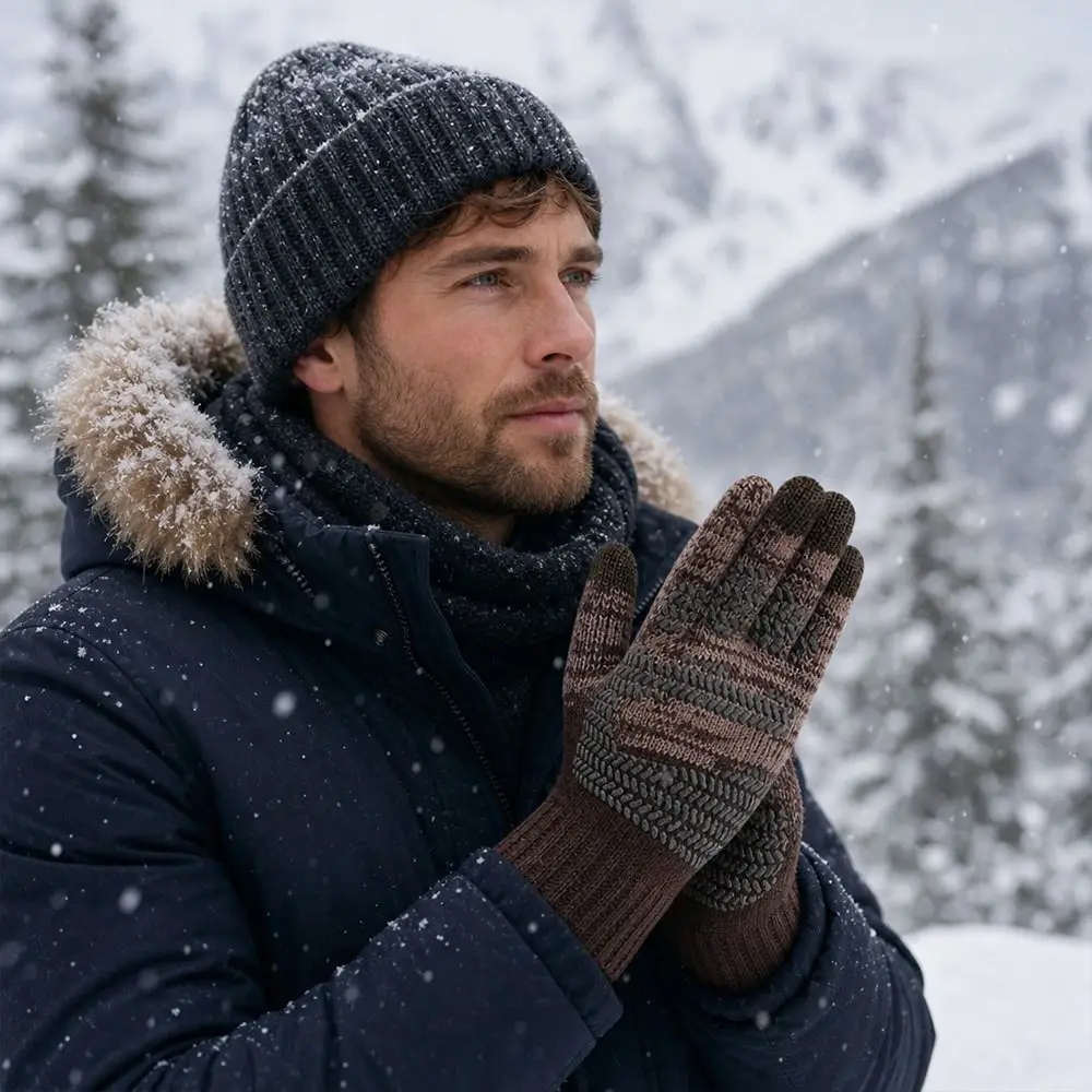 Fashion Large Size Winter Knitted Gloves Warm Non-Slip Touch Screen Gloves Full Finger Thickened Fleece Gloves for Men