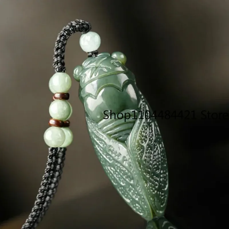 

Natural Hetian Jade Cicada Pendant Beads Necklace Charm Jewellery Fashion Accessories Hand-Carved Amulet Gifts for Women Men