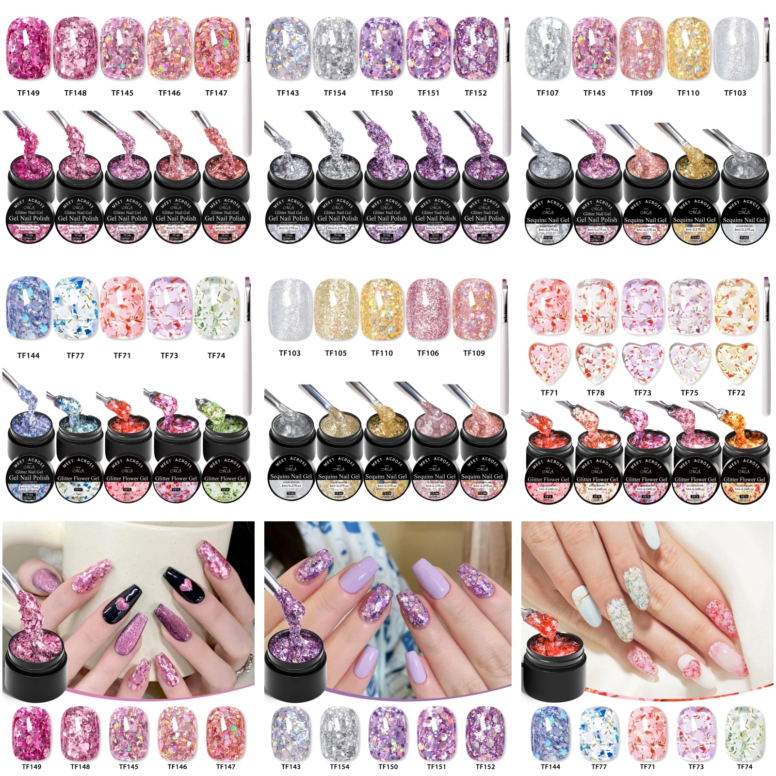 6pcs/set 8ml Glitter Sequins Nail Gel Set Holographic Irregular Flakes Glitter UV Soak Off Gel Polish Pink Sparkling Varnish Set