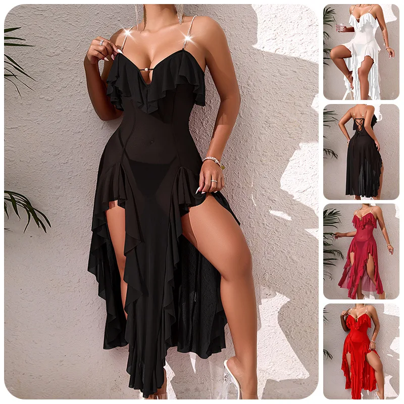 

Female Ruffles Split Chiffon Nightgown Home Clothes Sexy Lace Suspender Nightdress Intimate Lingerie Summer Nightwear
