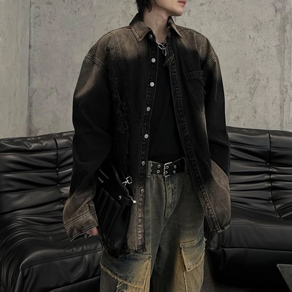 Korean High Street Fashion Washed Gradient Hip-Hop Trend Ripped Old Denim Jacket Loose Large Size Casual Retro Jacket For Men - Image 2