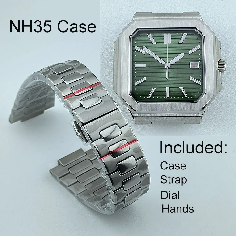 NH35 Watch Case Square Men's Watch Parts Foldingclasp WatchBand For Nau Modified Fit NH35 NH38 Movement Sapphire Crystal Glass