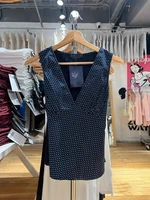 Camiseta sin mangas ajustada azul marino de lunares para mujer, camisola Sexy con cordones en la espalda y cuello en V sin mangas, chaleco Vintage de algodón dulce para mujer, Tops Y2k