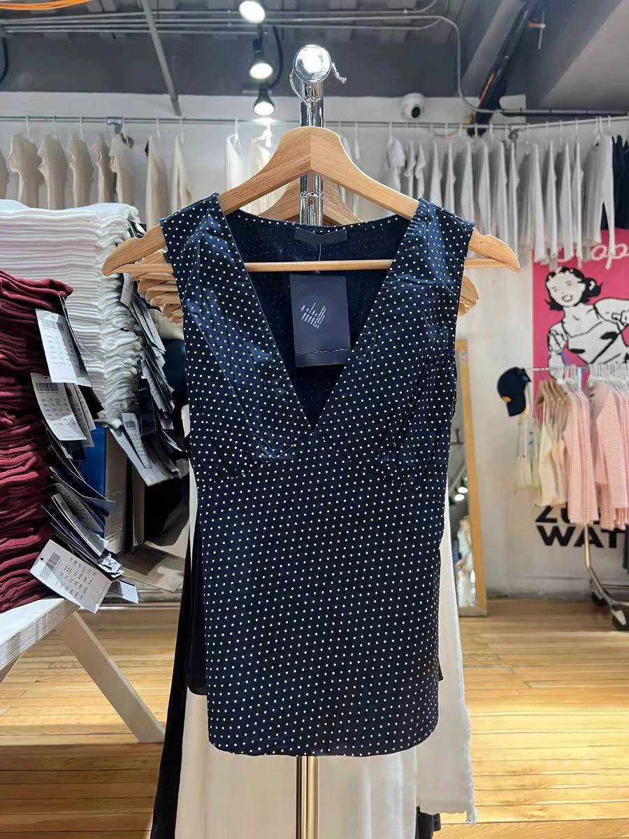 Polka Dot Navy Slim Tank Top Woman Summer Back Lace-up Sexy V-neck Sleeveless Camisole Female Vintage Sweet Cotton Vest Y2k Tops
