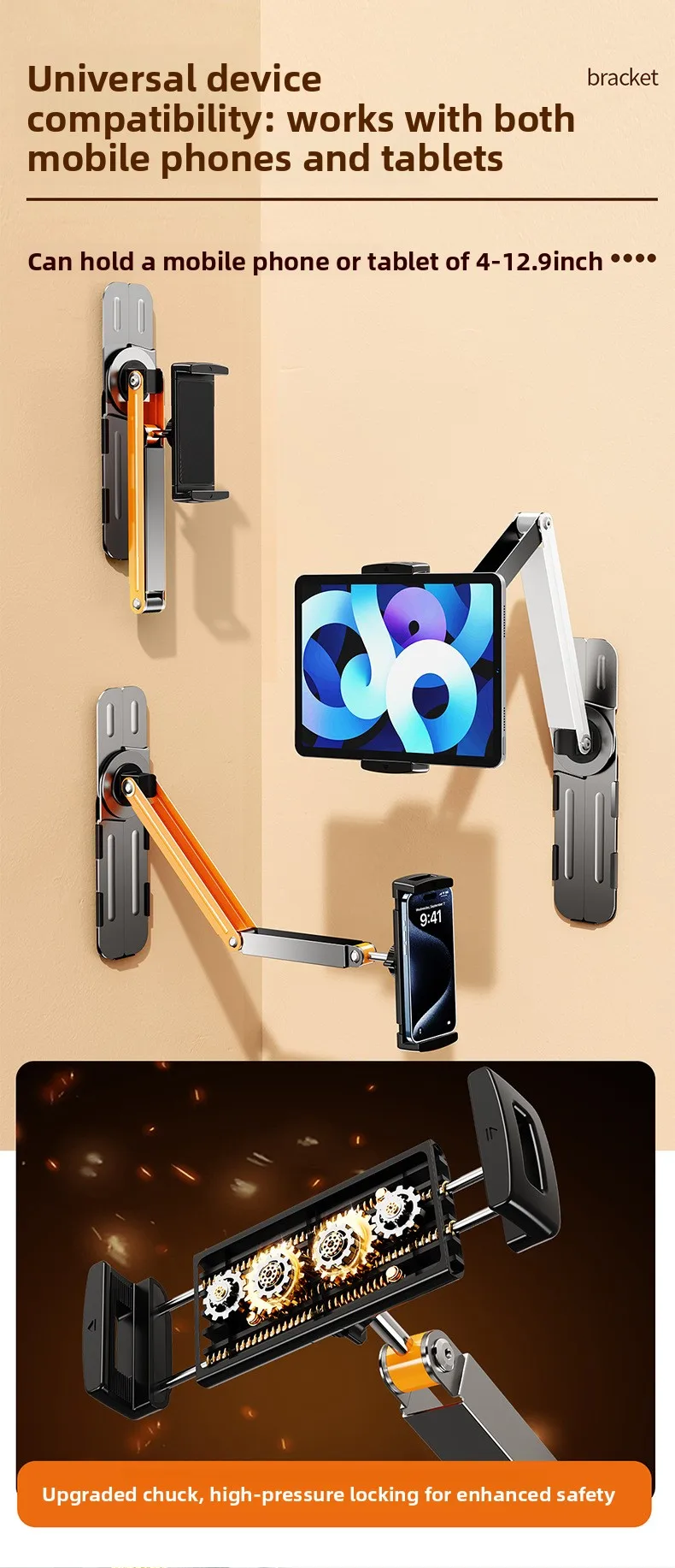 Wandmontierter Desktop-Telefon- und Tablet-Ständer mit Verstellbarem Schwanenhals-Klemmhalter für Schlafzimmer, Büro, Lesen und Videoanrufe – Detail 10