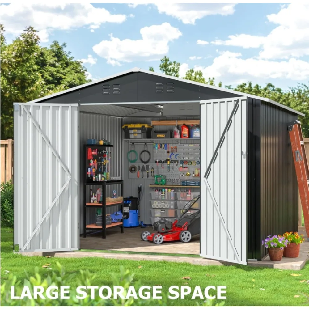 

10x9 FT Metal Storage Shed, Large Outdoor Shed with Updated Frame Structure, Garden Tool Sheds for Backyard Patio Lawn, Grey