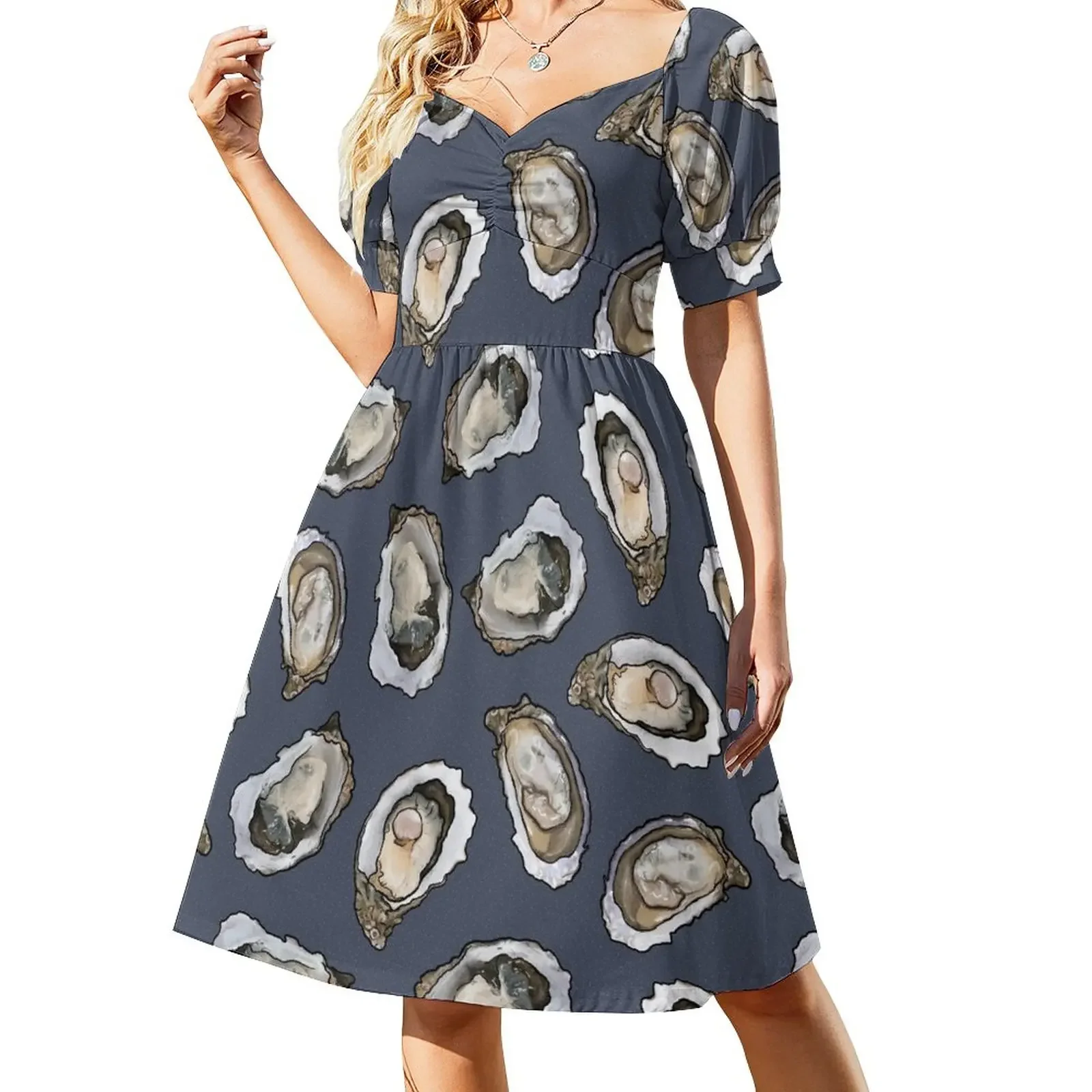 

Oysters and pearls in Blue Short-Sleeved Dress womens dress Female clothing