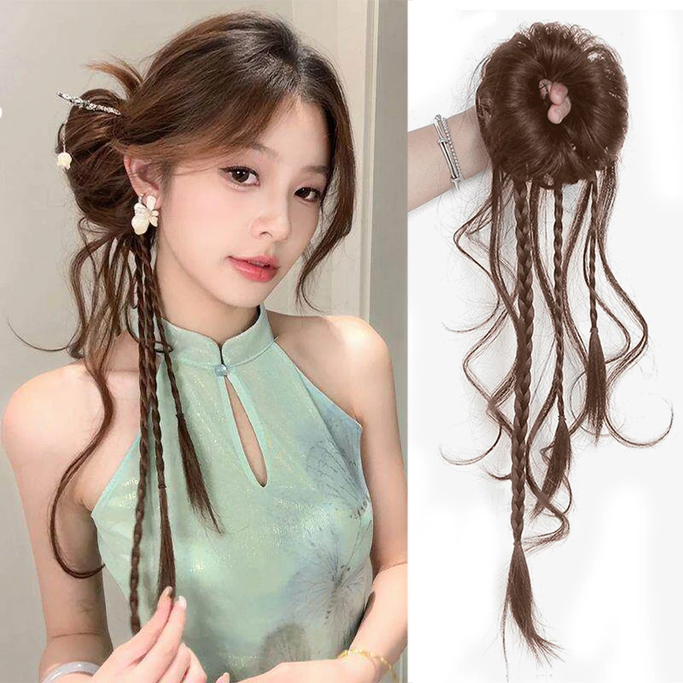 

20 inch side tied bun head braided ponytail fluffy headband style flower bud hair accessory for women's daily parties