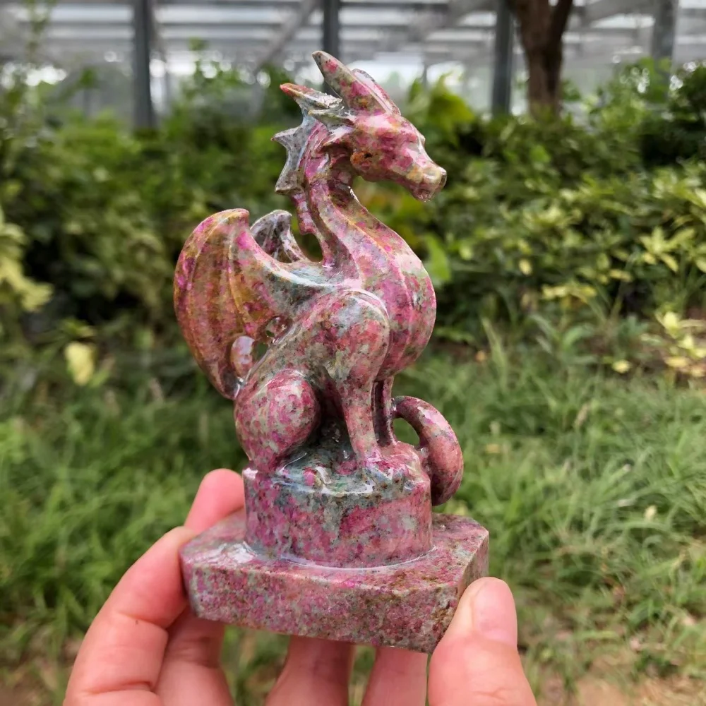 11mm Natural Ruby in Zoisite Western Dragon Carving Statue Winged Fantasy Dragon Crystal Figurine Home Desktop Decor Ornament
