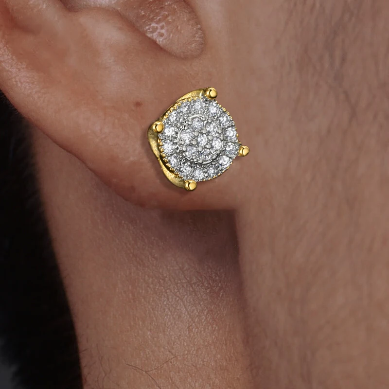 Hip Hop Men\'s Earrings Iced Out Zircon Gold Color Punk Simple 4 Claws Round Screw Ear Studs Rock Jewelry Gifts OHE181