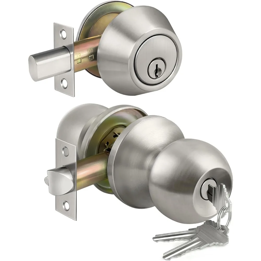 Keyed Alike Entry Door Knob and Deadbolt Set Satin Nickel Finish for Front Entrance