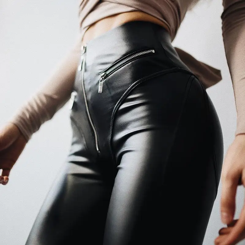 Dark Sexy Future feeling peach hip pu tight high waist leather pants female foot zip motorcycle slim pants female