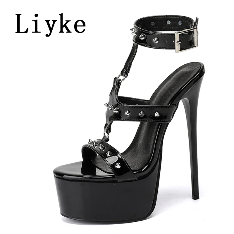 Liyke Fashion Buckle Up Rivet Studded Summer Platform Sandals Women High Heels Stiletto Open Toe Ankle Strap T-Show Model Shoes