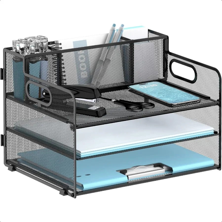 

3Tier Paper Letter Tray Organizer with Pen Holder Mesh Desk Accessories and Workspace Organizers with Handle File Sorter Office