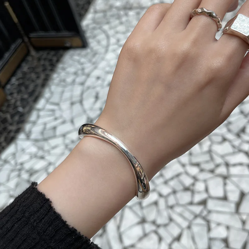 925 Sterling Silver Bangle Bracelet Simple Arc Geometric Polished Punk Stackable For Woman Girl Jewelry Gift Dropship Wholesale