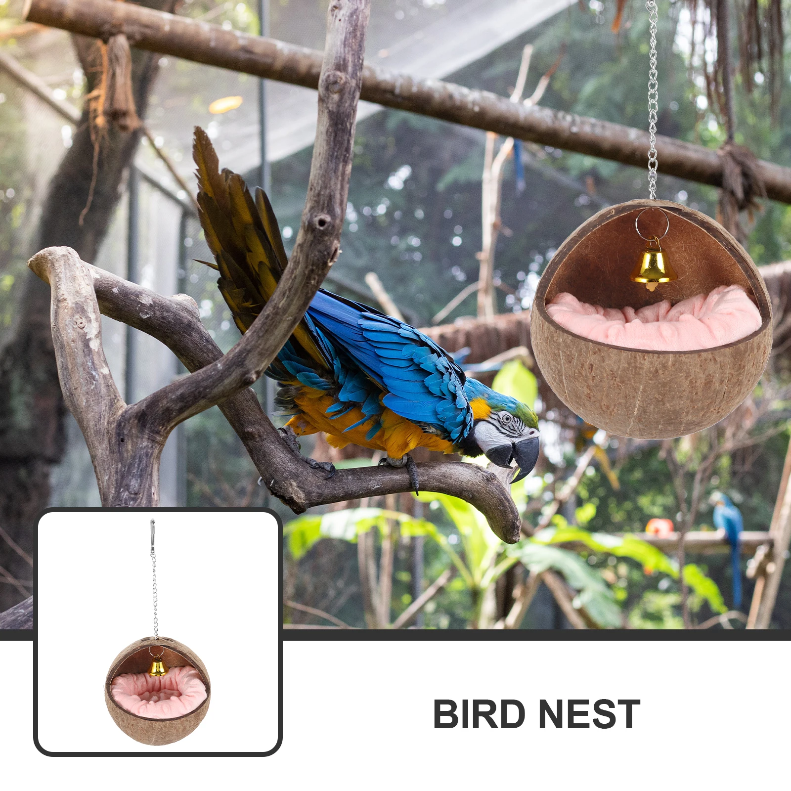 

Coconuts Shell Nest Hanging Natural Parrot House Wear-Resistant Suspending Bird Bed With Warm Pad For Cage Accessories Sleeping