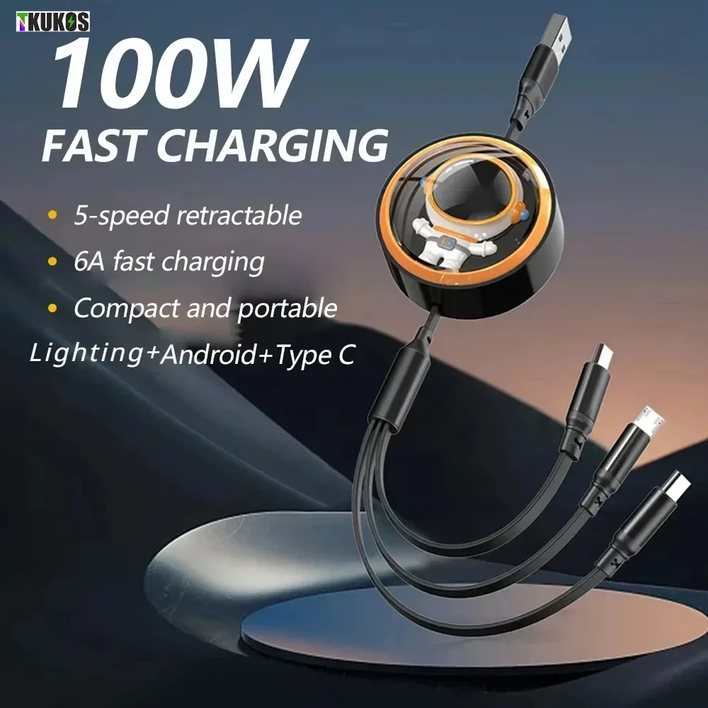 كابل USB للشحن السريع بثلاثة سحب واحد، كابل شحن للهاتف المحمول تلسكوبي من المطاط الناعم السائل ثلاثة في واحد