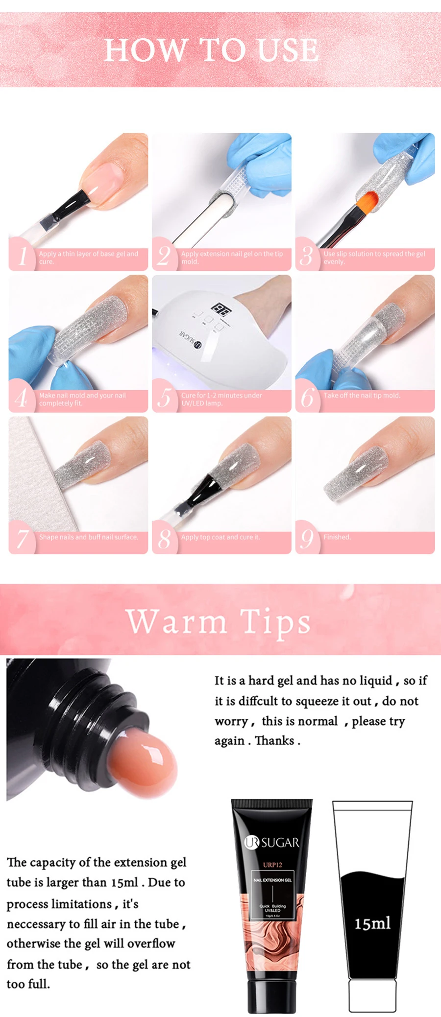 UR SUGAR 15 ml Quick Nail Extension Gel Nude Pink Milky White Color Gel Nagellack Semi Permanent Lack UV LED Gel Soak Off – Detail 6