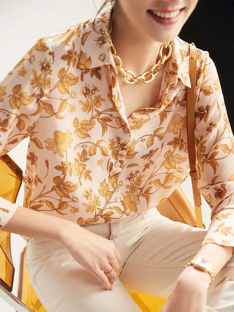 High Quality Women\'s Shirt 100% Silk Blouse Women Floral Top Female Long Sleeve Elegant Blouses New 2024 Blusas Mujer Pph3711