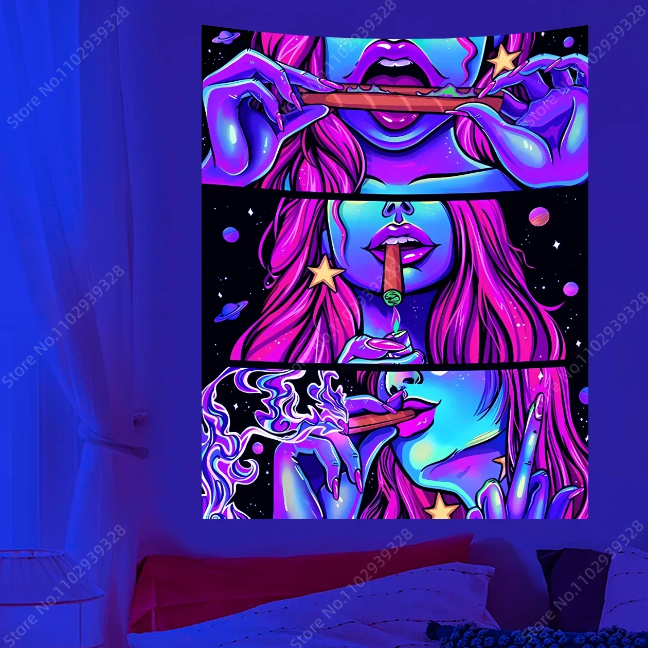 Cool Smoking Girl UV Reactive Tapestry Hippie Psychedelic Tapestries Art Aesthetic Kawaii Wall Hanging Bedroom Decor Party Decor