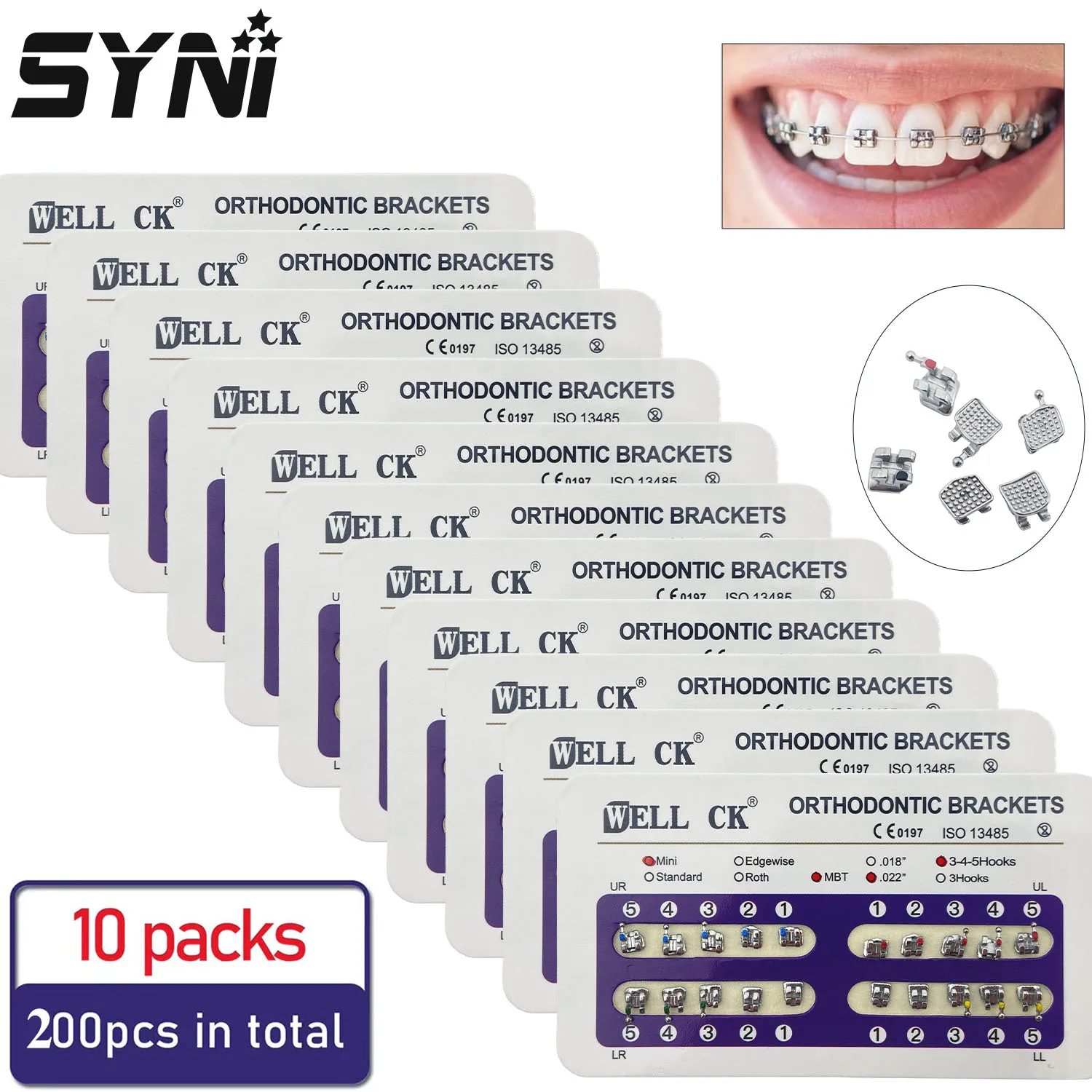 200 Piezas de Brackets Metálicos de Ortodoncia Dental para Dientes, Monoblock Mesh Mini Roth/MBT/Edgewise Slot 0.022 0.018, Ganchos 3-4-5