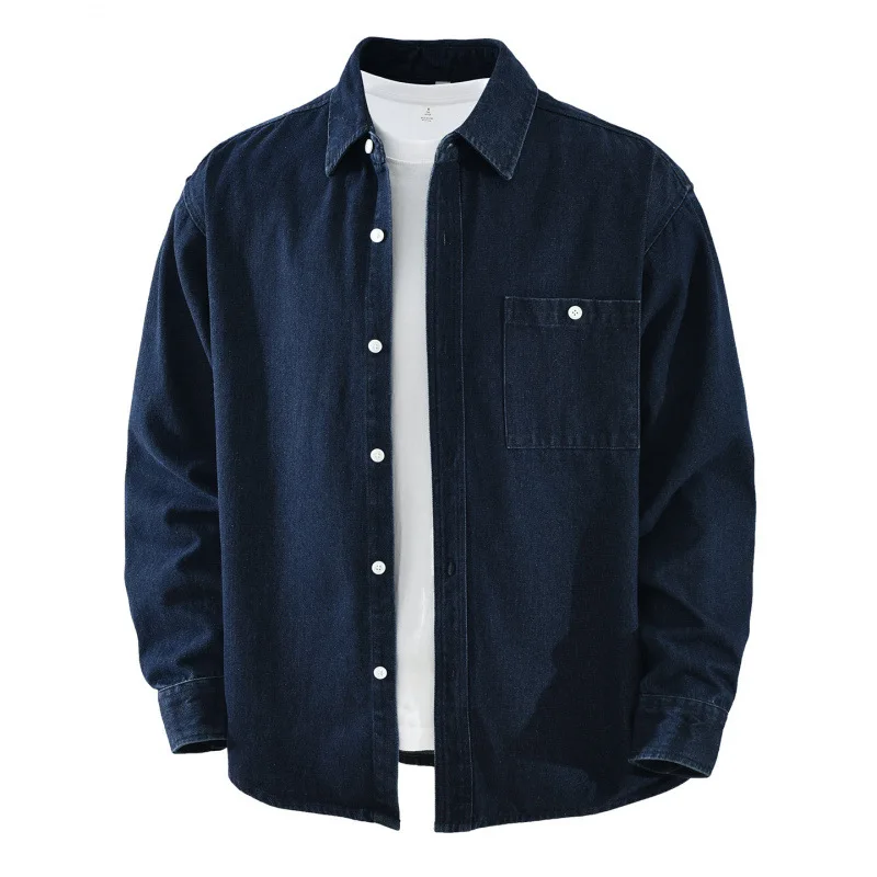 

Korean Style Mens Blue Denim Shirt Long Sleeve Spring New Male Jean Shirts Dropped Shoulder Shirt Lapel Pocket Casual Cowboy Top