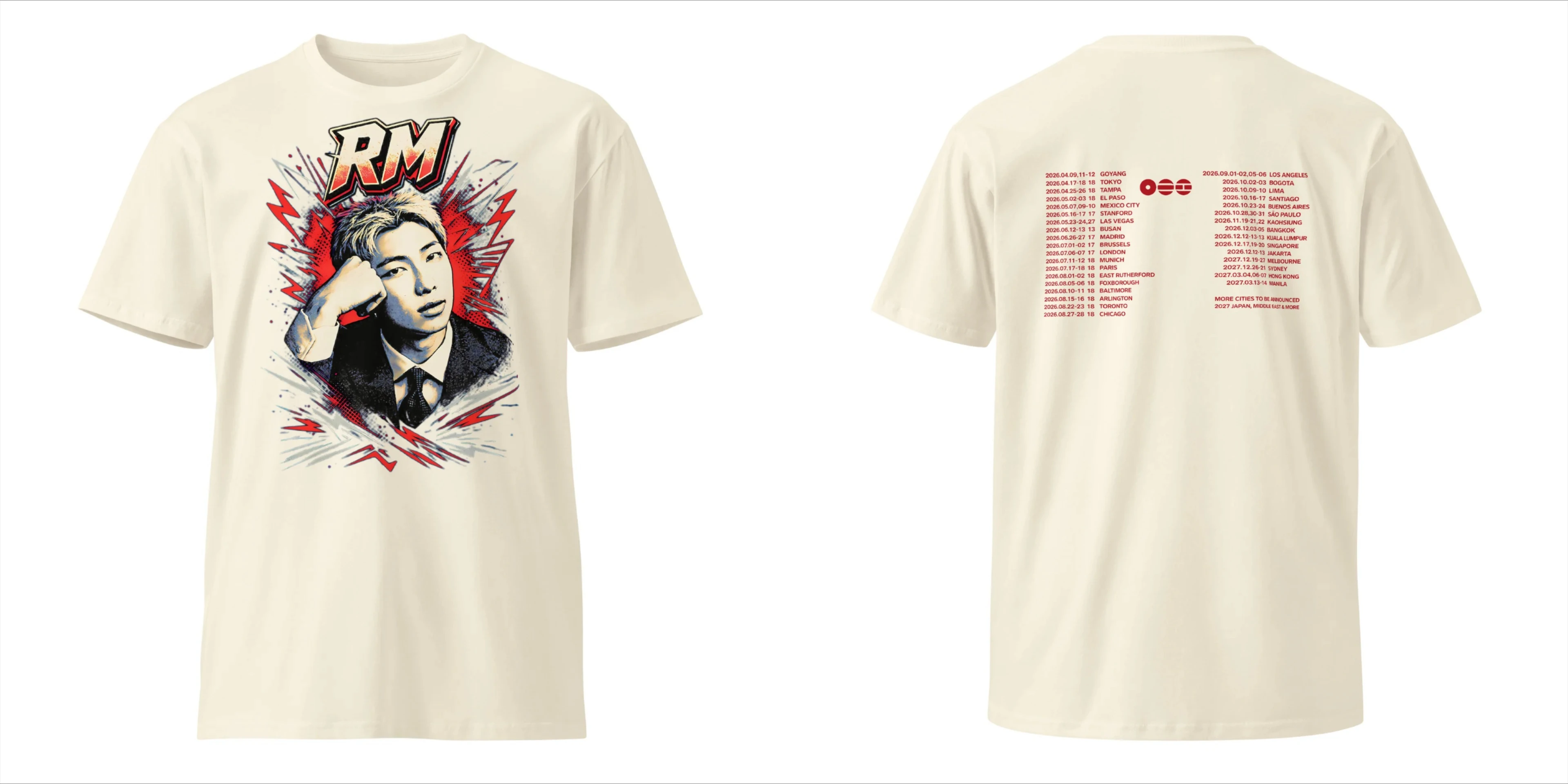 BTS RM Taehyung 2026 World Tour Doppelseitiges Grafik-T-Shirt mit Porträt und Tour-Städtenliste Kpop-Fans T-Shirt für Männer, Frauen und Kinder – Detail 11