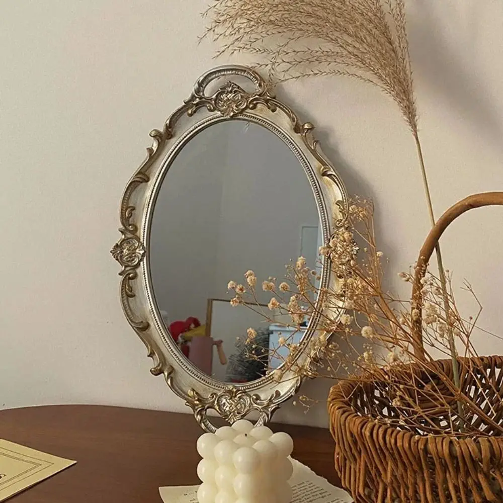 مرآة حائط مزخرفة على شكل بيضاوي، مادة زجاجية فرنسية عتيقة، صينية تخزين مستحضرات التجميل بحجم سطح المكتب، لوحة مرآة