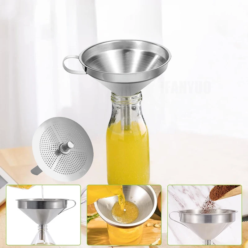 Stainless Steel Funnel Set Multi‑size Kitchen Oil Liquid Transfer Funnel With Filter Screen Home Cooking Tool