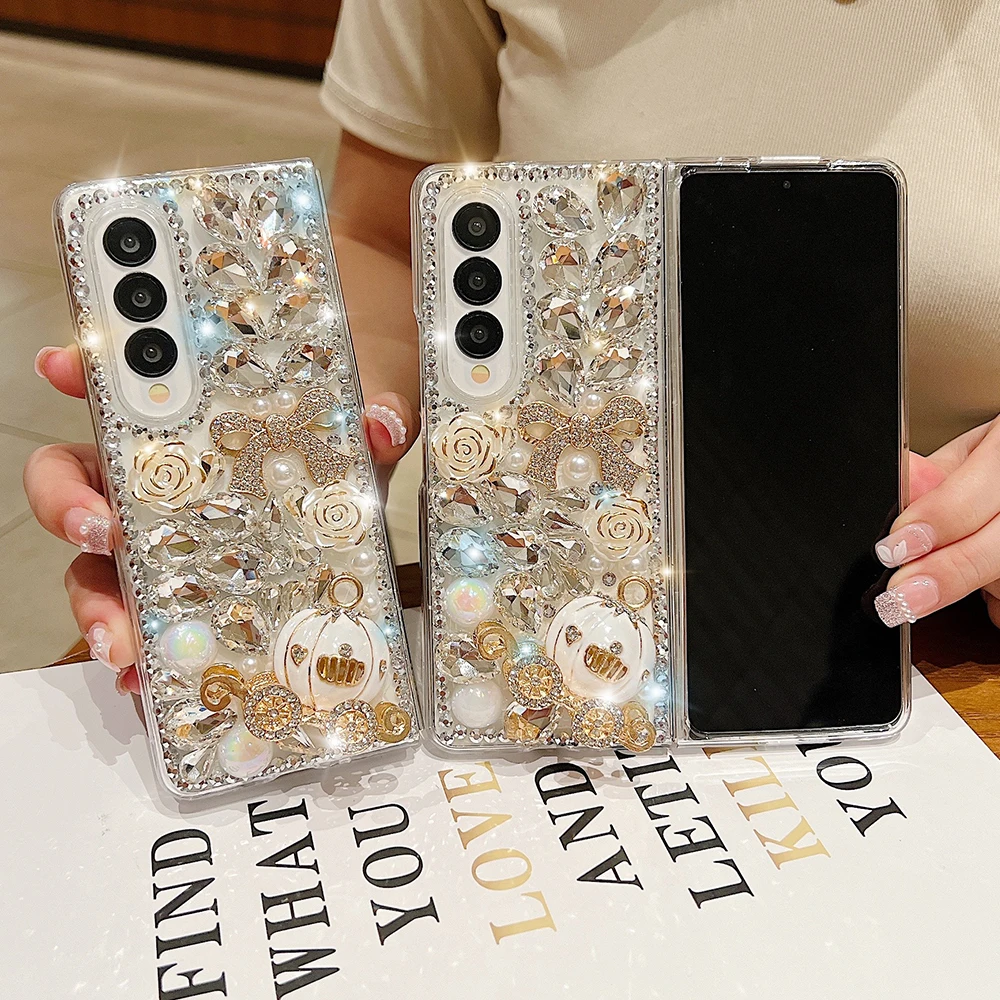 Luxury Bling Rhinestone Pumpkin Cart Crystal Clear PC Cover For Samsung Galaxy Z Fold 7 6 5 4 3 Laser Pearl Glitter Flowers Case