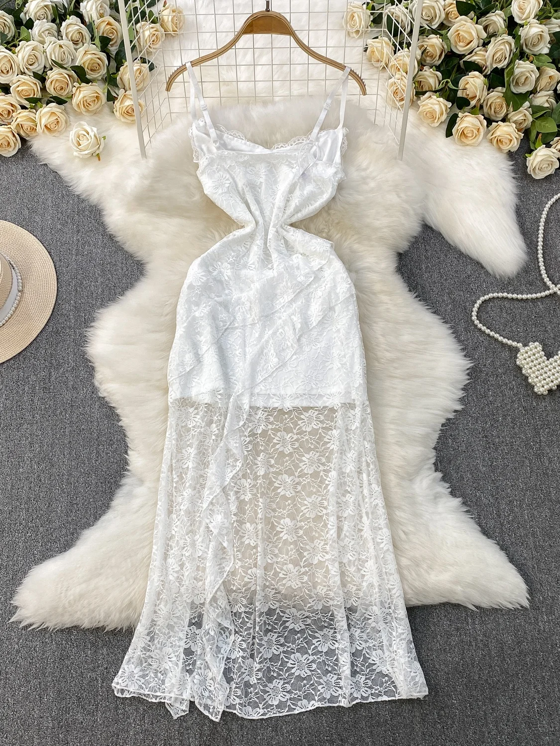 Pure Desire Sexy White Lace Splice Strapl Dr Women Summer Waist Cinch Slim Fit Long Skirt High Waist Asymmetrical Hem