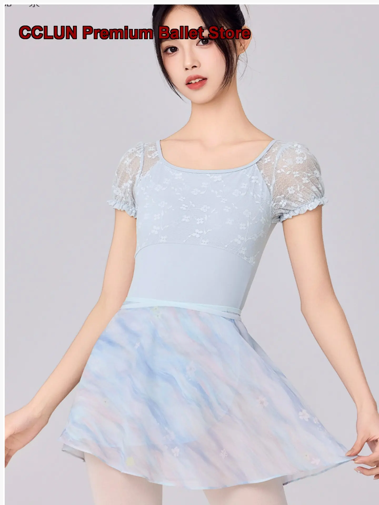 Women's Dance Dress Short Sleeves Lace Patchwork Body Suit Chinese Practice Leotard Art Exam