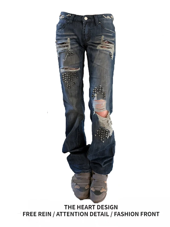 

Retro American Low Waist Cuffed Hole Denim Jeans Women's Spring Summer New Street Sexy Slim Fit Pants Micro Flare Jeans