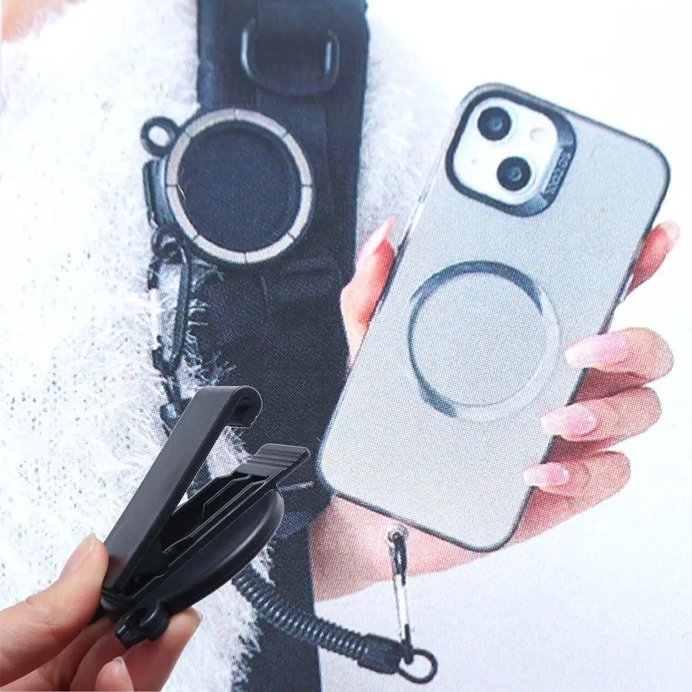 ハンズフリー磁気式スマホホルダー メタルフック スプリングロープ スマホベルトクリップホルダー ウエストクリップ クイックリリース スマホバックパッククリップ