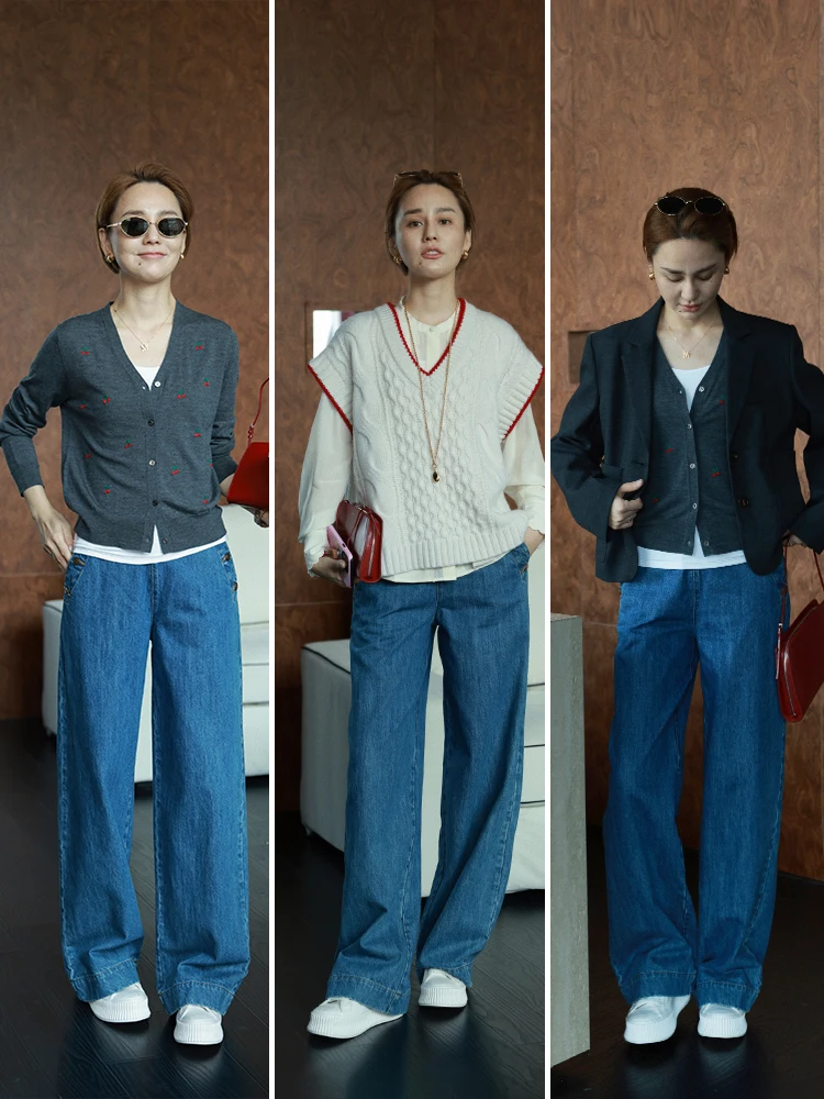 

WinnieTang High Waist Loose Fit Versatile Commuter Jeans Retro Sailor Pants Straight Leg Long Trousers Pure Color