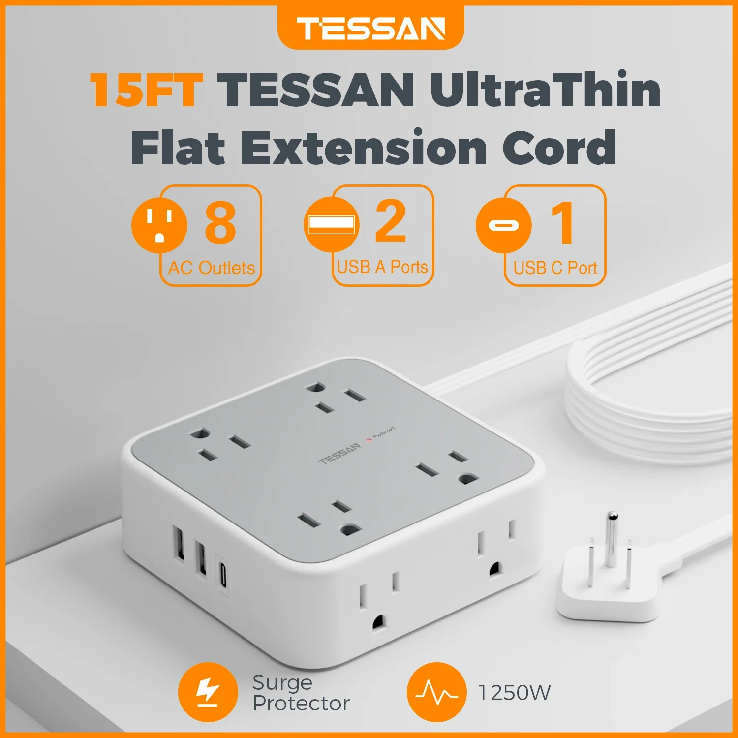 

TESSAN Ultra Thin Flat Power Strip Plug with 8 Outlets 3 USB Multi Outlet Surge Protector with 5FT 10FT Extension Cable
