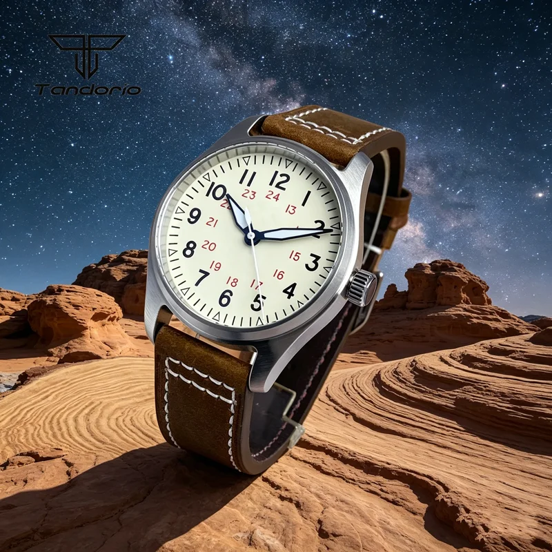 Tandorio 39mm Steel Automatic Pilot Watch AR Sapphire Crystal NH35A PT5000 20BAR Dive Men Mechanical Wristwatch Leather Luminous