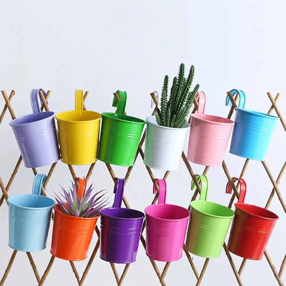 Iron Hanging Flower Pot Balcony Planter with Detachable Hook Color Herb Plant Pot for Indoor Window Garden Fence Railing Decor