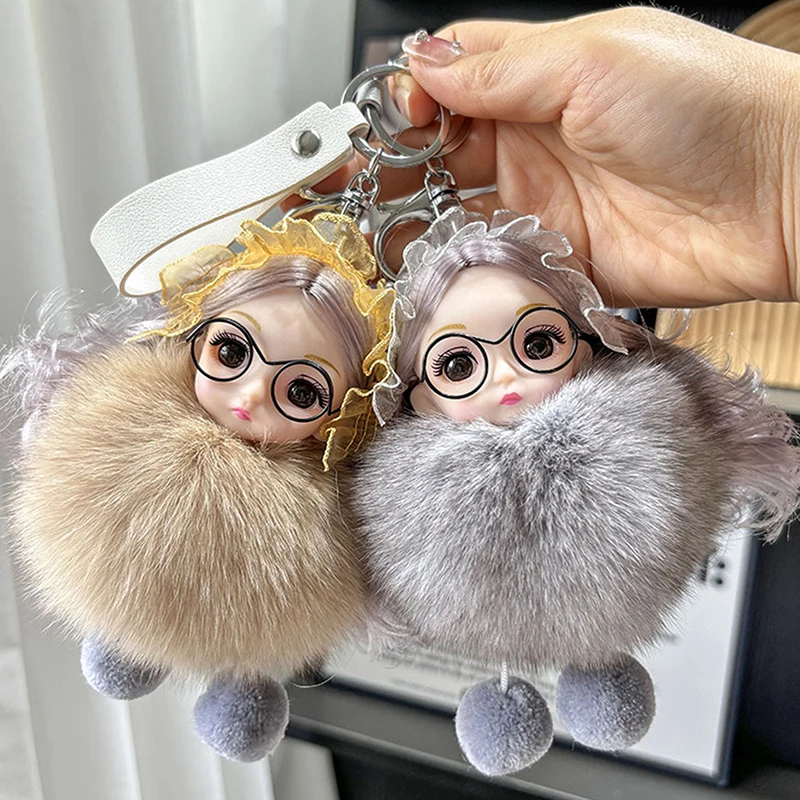 Cute Pompom Keychain Real Fox Plush Ball Keyring Plush Eyeglass Doll Pendant Fashion Key Holder Chain