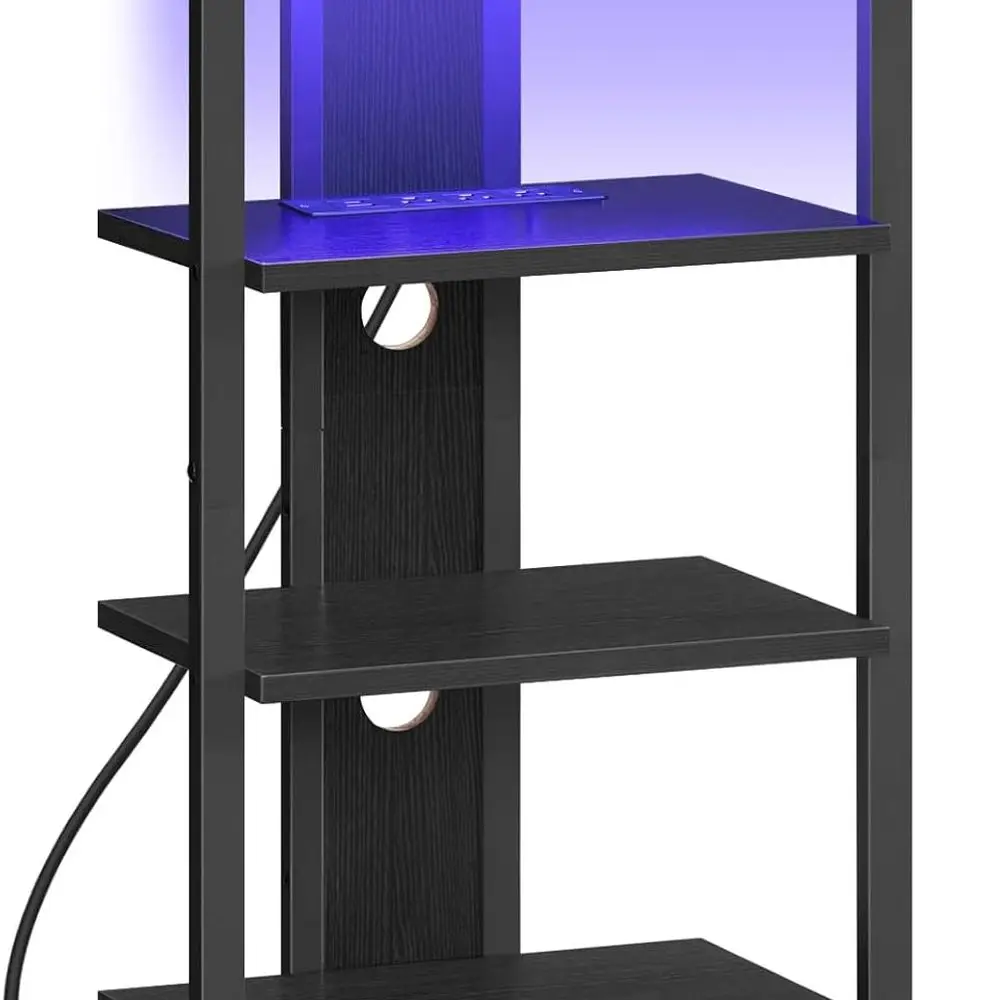 

Black 4-Shelf AV Media Stand with LED Light and Charging Dock, Wooden Stereo Rack, Corner TV Storage, Entertainment Center BB38U