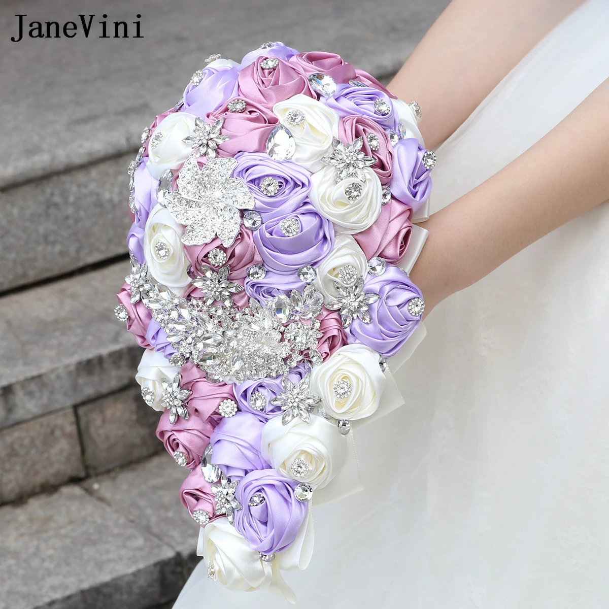 JaneVini-Bouquet de Fleurs en Satin Ivoire, Violet Clair, Cascade, Luxe, Argent, CitroÉl, Patients, Mariage