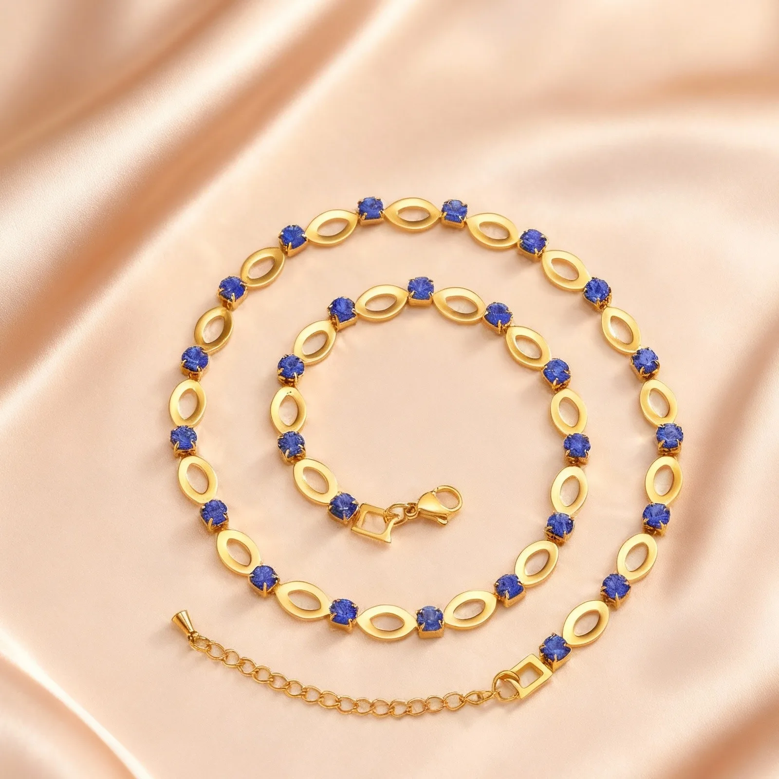 Hohle ovale Halskette aus Edelstahl für Damen, blau/grün/rot, Zirkon, verstellbare Kette, böhmischer Statement-Schmuck, Geschenke – Detail 7