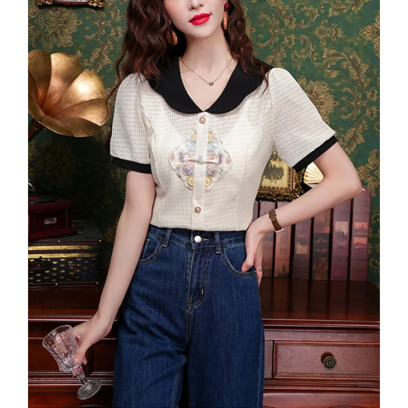 2024 New Women\'s Summer Chinese Style Contrasting Doll Collar Button Versatile Fashion Commuter Short Sleeve Embroidery Shirt