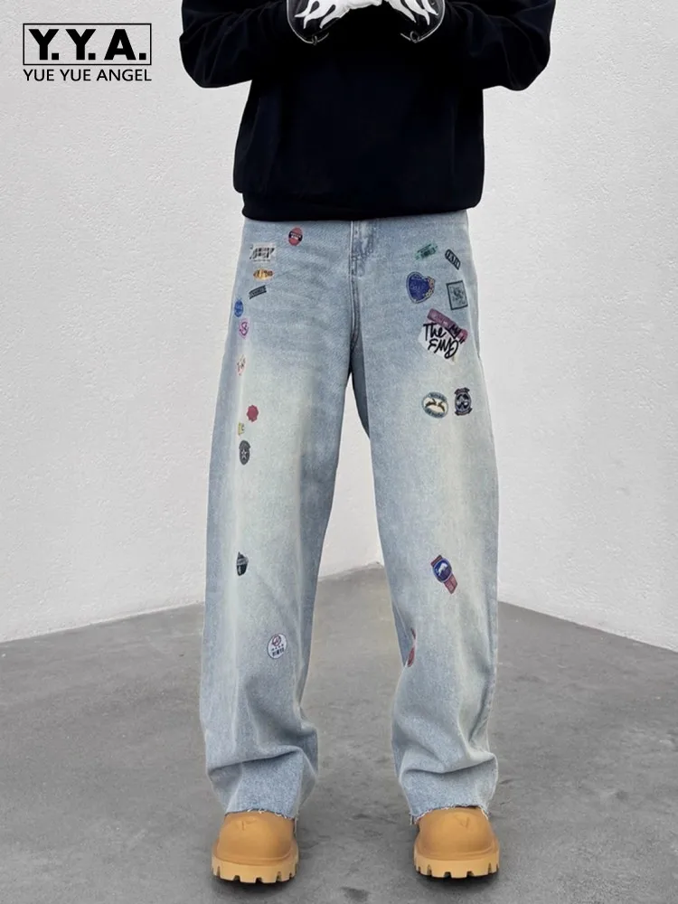 

High Street Fashion Logo Design Printed Loose Fit Men Jeans Mid Waist Full Length Straight-Leg Trousers Daily Casual Denim Pant