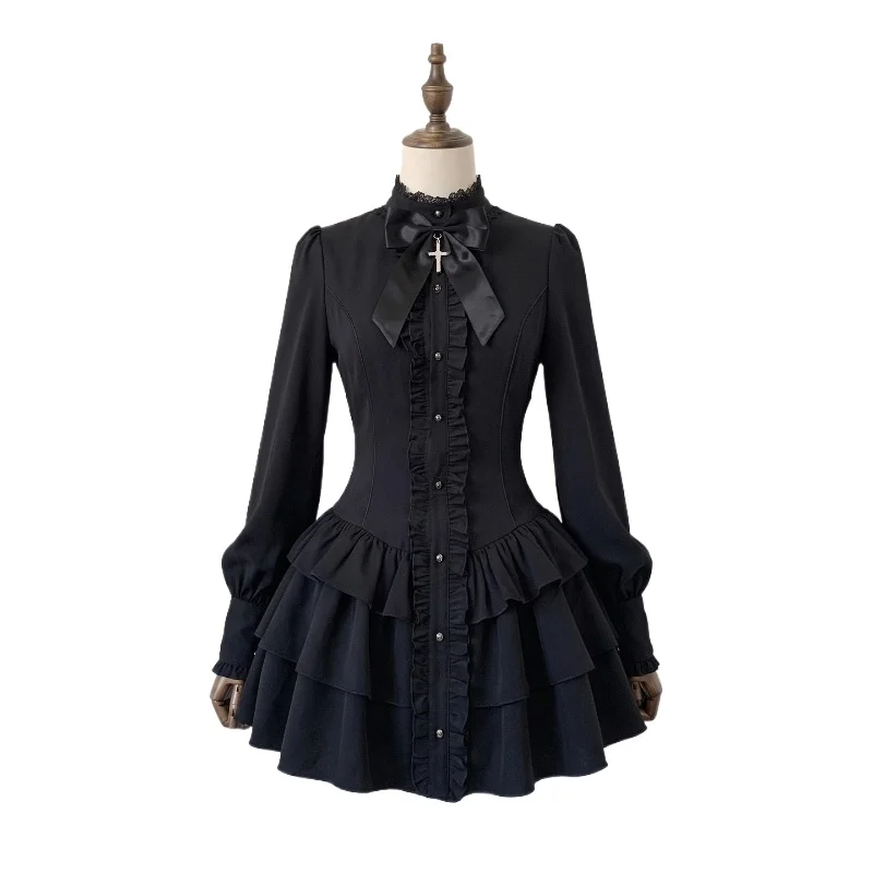 Gothic Punk Kleid mit Rüschenärmeln, Schleife vorne, gestuftes Minikleid, amerikanischer 2000er Vintage Goth-Stil, Damen Casual Streetwear 2026
