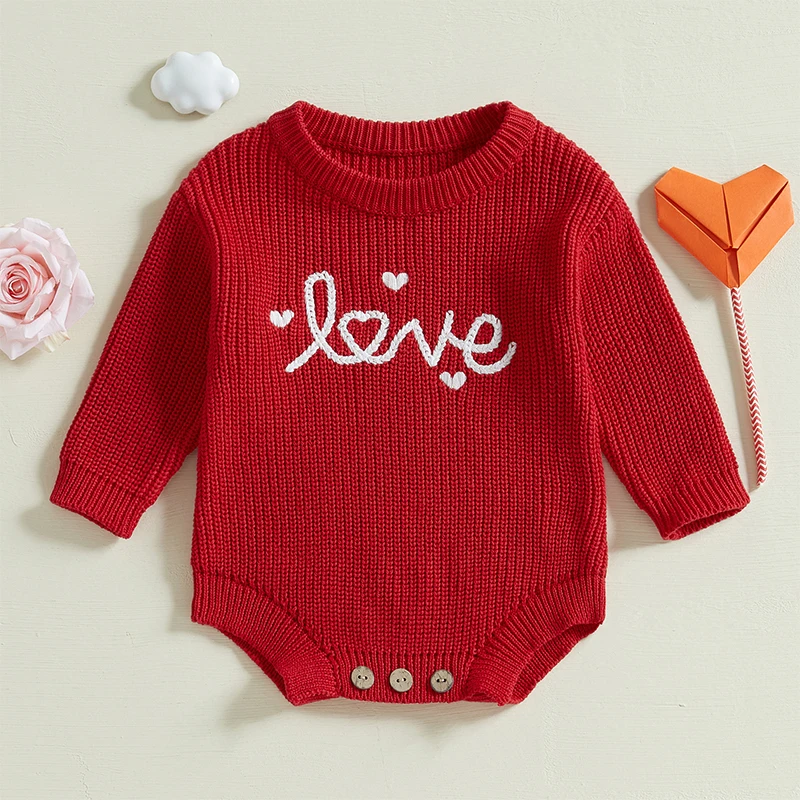 2024 New Baby Girl Valentine’s Day Romper Long Sleeve Round Neck Letter Embroidery Knit Bodysuit Newborn Outfit