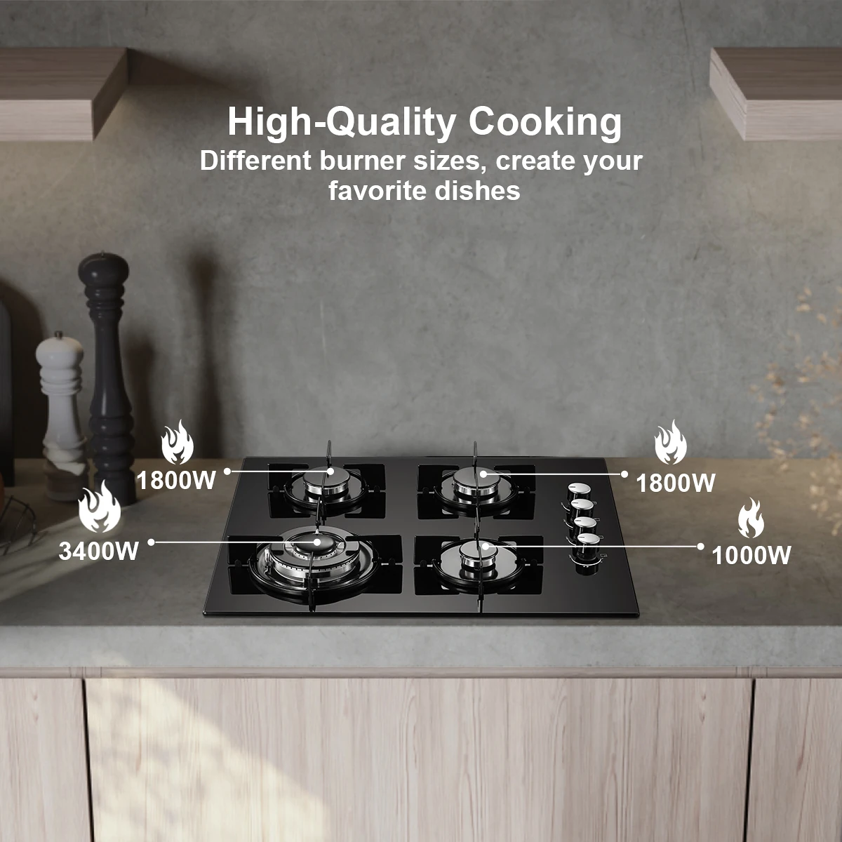 موقد غاز 60 سم 4 شعلات 8000 وات وقود مزدوج (غاز طبيعي/بروبان) حماية تلقائية من الزجاج المقسى مدمج/قائم بذاته 220-240 فولت #4