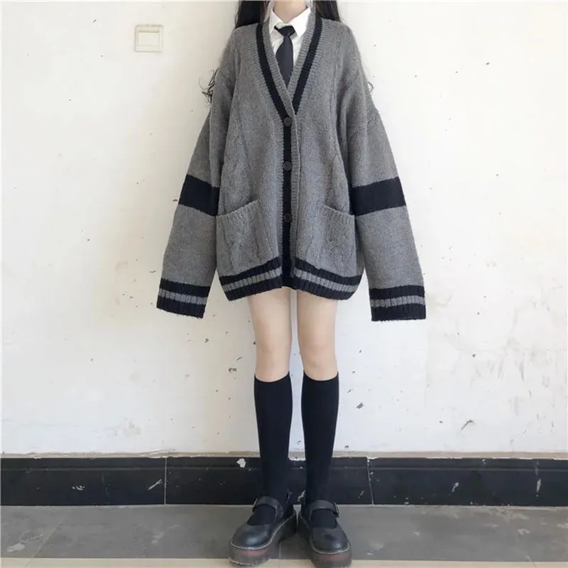 

Zoki Autumn Grey Stitching Knitted Cardigan Women Korean Oversize Pocket Button Jumper Fashion Loose Preppy All Match Sweater