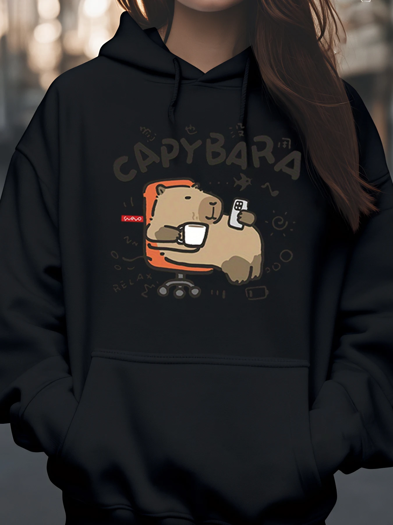 كابيبارا الاسترخاء مع القهوة والهاتف طباعة هوديي الخريف الشتاء ملابس غير رسمية للنساء والرجال #1