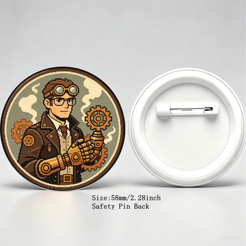 58mm Steampunk Pixel Art Tinplate Badge , Retro Gear Gentleman Round Button Pins for Backpack Jacket Decor Collectible Gift